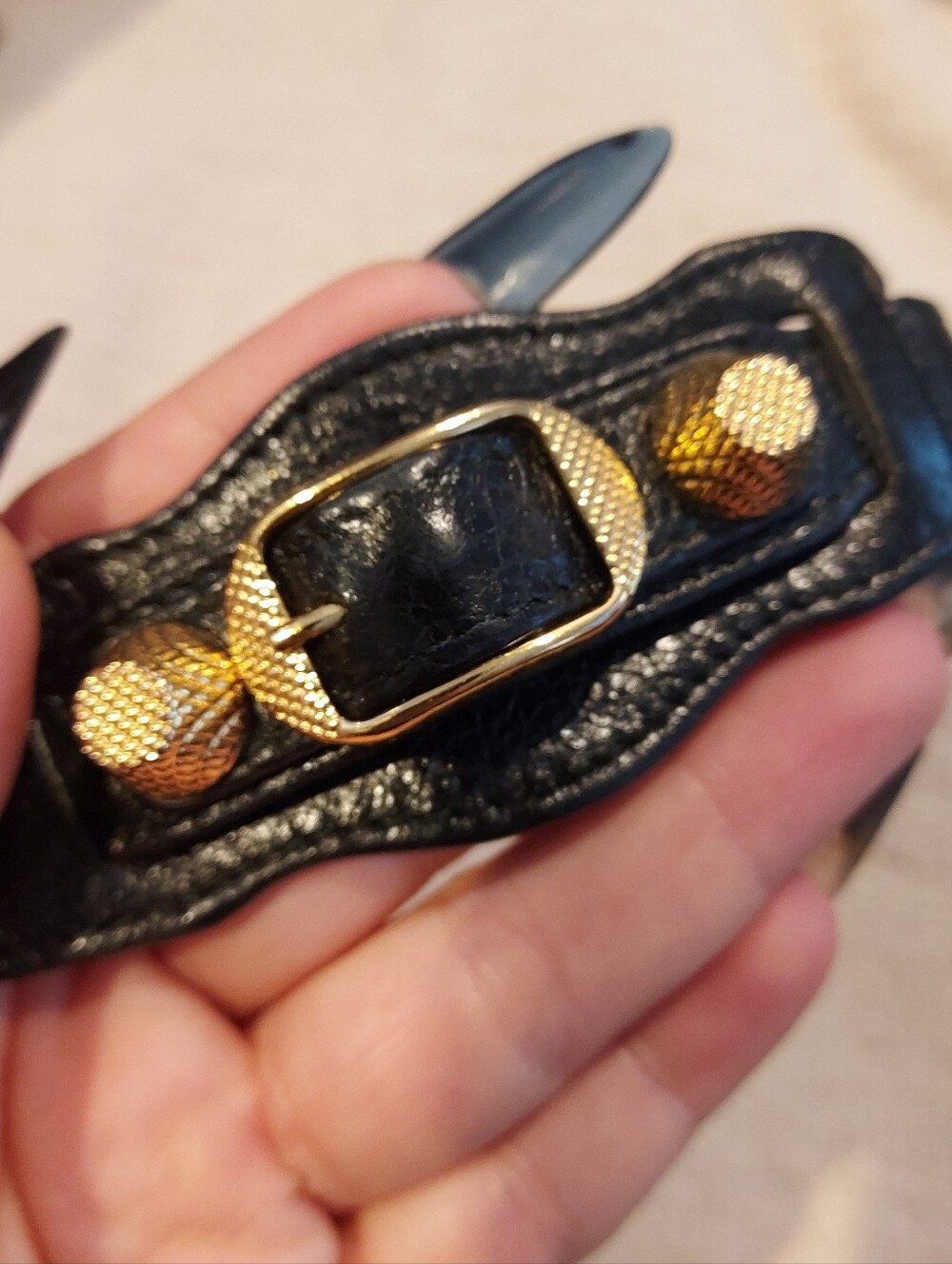 Black Leather Bracelet with Gold Buckle Accent